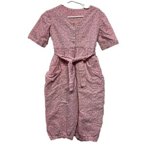 Vintage Pink Rumpled Cotton Ditsy Floral Short Sleeve Wide Leg Romper 3T